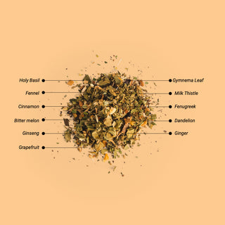 View of the loose leaf tea from Herbaly's Glucose Functional Tea showing the variety of herbs and ingredients