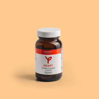 Front shot of Herbaly's Heart Turmeric Complete Plus CoQ10 Capsules bottle showing the label details