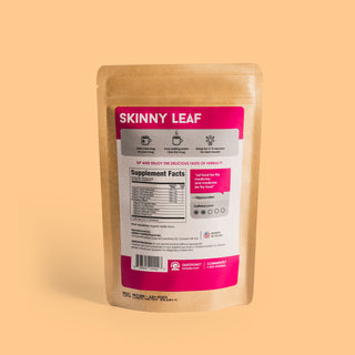 Back shot of Herbaly's Skinny Leaf Functional Tea package showing the ingredients and nutrition facts