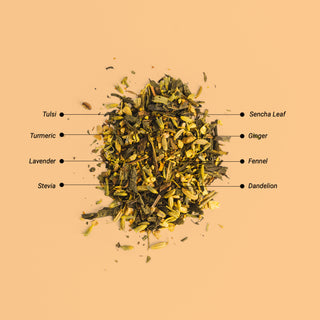 View of the loose leaf tea from Herbaly's Wellness Functional Tea showing the variety of herbs and ingredients