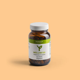 Front shot of Herbaly's Wellness Mushroom Complete for Vitality Capsules bottle showing the label details